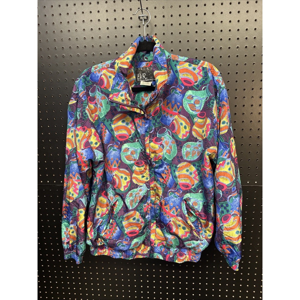 Vtg Windbreaker Jacket  Women Large 90s Coffee Tea Drinks Theme EVR